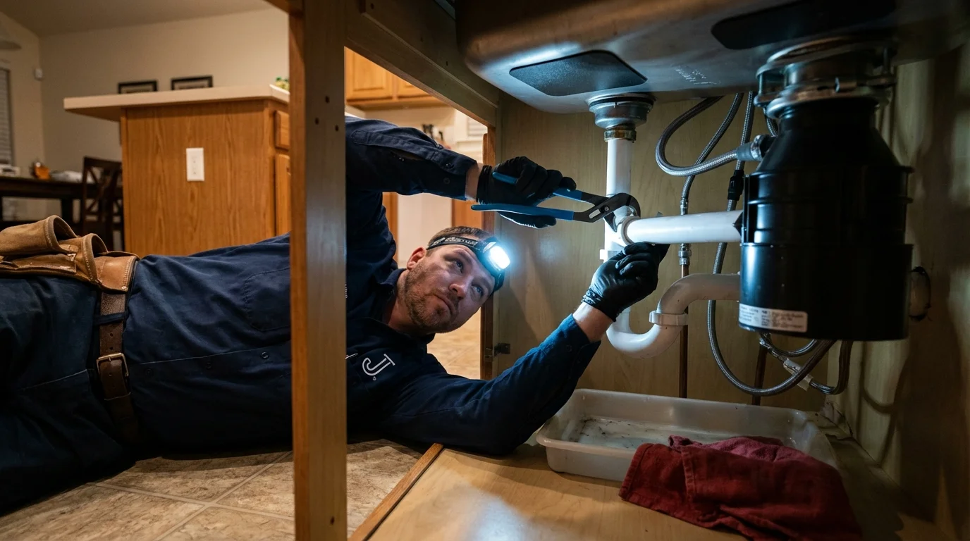P-trap and supply line connections under a kitchen sink showing a common leak point in Heber, CA